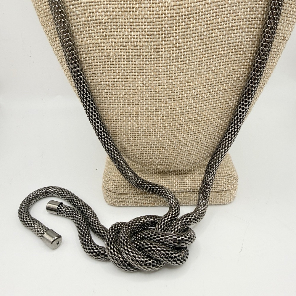 Vintage Laila Rowe Gunmetal Mesh Tassel Knot Necklace Statement Jewelry 24"